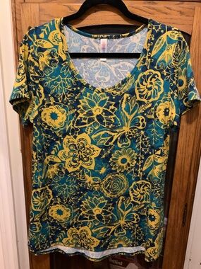 Lularoe Women's Teal and Yellow Floral Short Sleeve Top